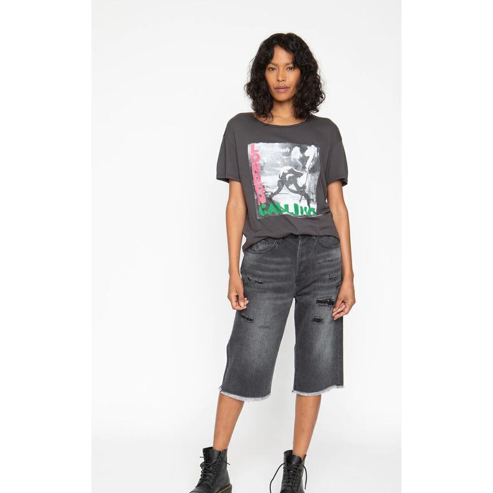 Sandrine Rose Women’s Black Denim Distressed Raw Hem Bermuda Shorts Size 29